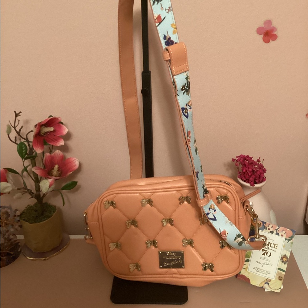 Disney Alice in Wonderland Peach Quilted Crossbody Bag with Floral Strap